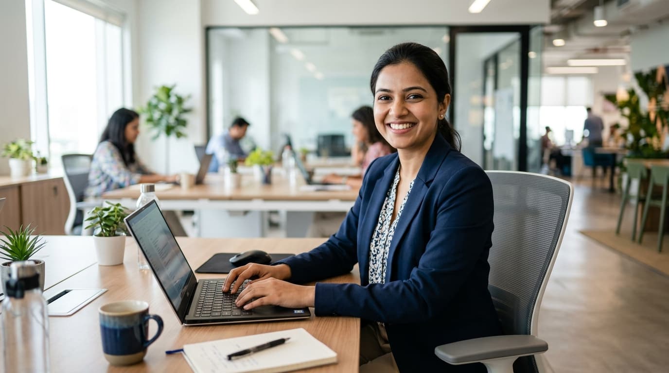 Professional working on laptop at office desk