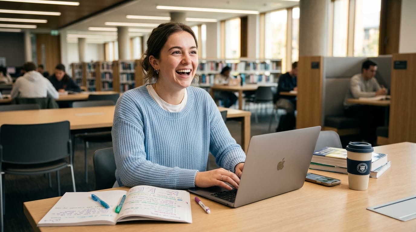 Student studying with laptop and notes in library